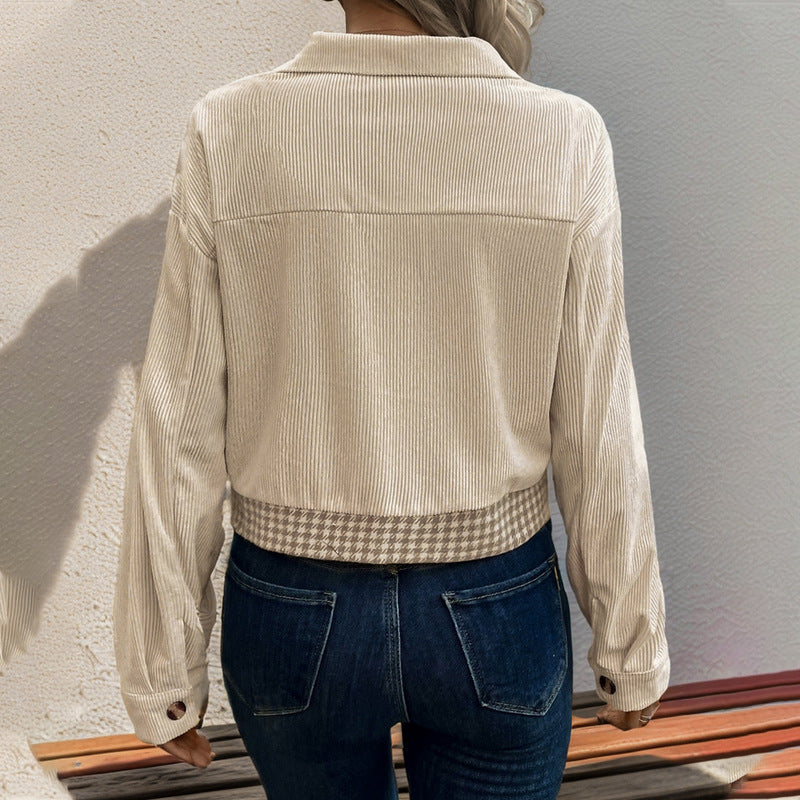 Flip collar short corduroy patchwork women's jacket