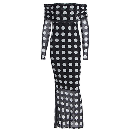 One shoulder long sleeved mesh slim fit polka dot long sleeved dress
