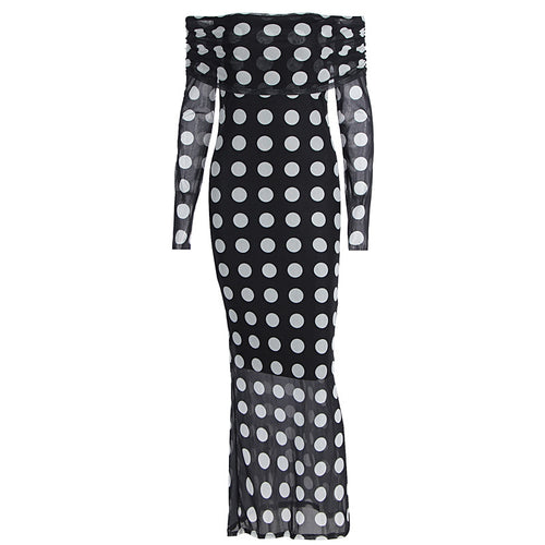 One shoulder long sleeved mesh slim fit polka dot long sleeved dress