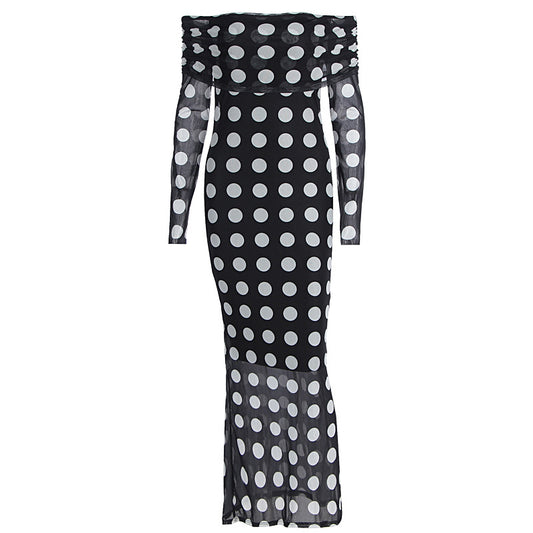 One shoulder long sleeved mesh slim fit polka dot long sleeved dress