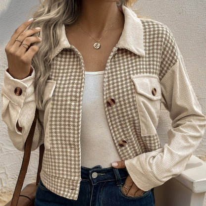 Flip collar short corduroy patchwork  women's jacket