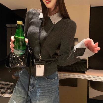 Chic Gray Knit Sweater Top with Layered Design, Fitted Long Sleeve , Unique Style Women's Top