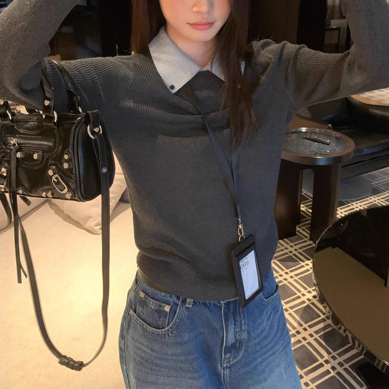 Chic Gray Knit Sweater Top with Layered Design, Fitted Long Sleeve , Unique Style Women's Top