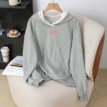 Lace patchwork hooded bow embroidered gray hoodie