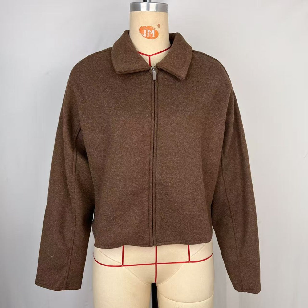 Collar long sleeved zipper woolen coat