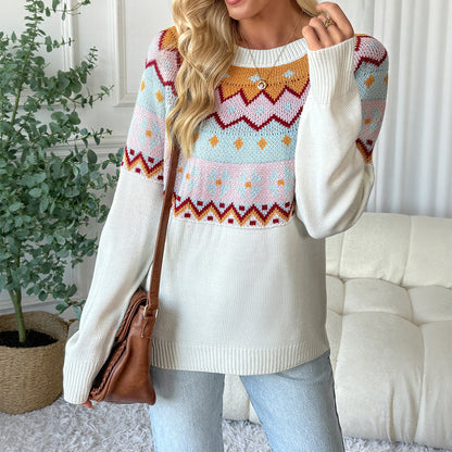 Casual ethnic style knitted sweater loose round neck Fer Island sweater for women
