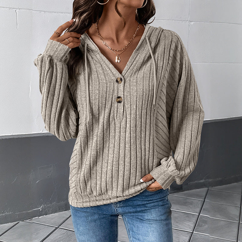 Casual and lazy style pit stripe hooded solid color knitted sweater top