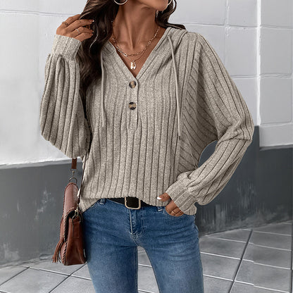 Casual and lazy style pit stripe hooded solid color knitted sweater top