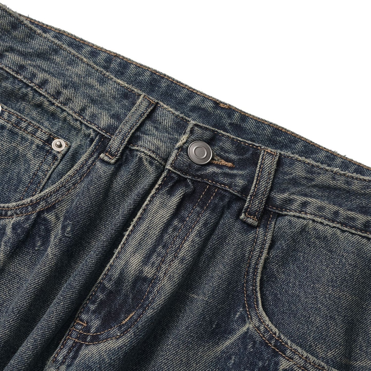 Washed Distressed Cat Whisker Pattern Loose Wide-Legged Knife-Edge Jeans