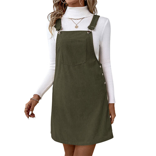 Simple style shoulder strap corduroy solid color dress