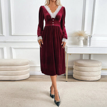 Elegant party style lace V-neck velvet dress