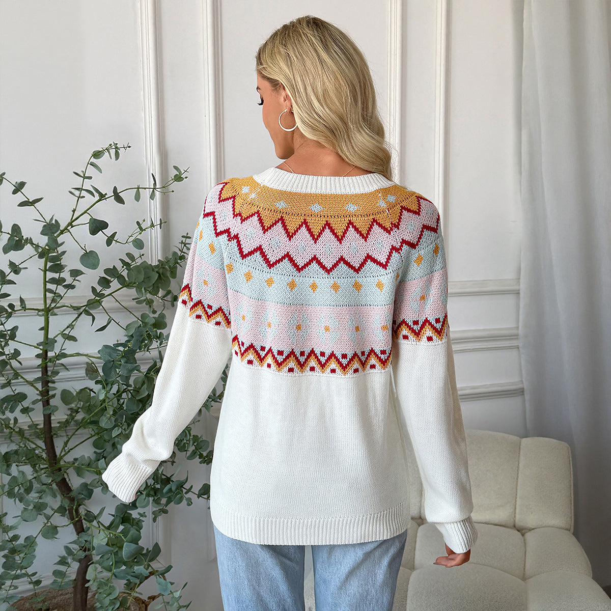Casual ethnic style knitted sweater loose round neck Fer Island sweater for women