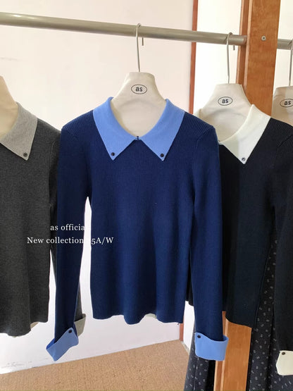 Chic Gray Knit Sweater Top with Layered Design, Fitted Long Sleeve , Unique Style Women's Top