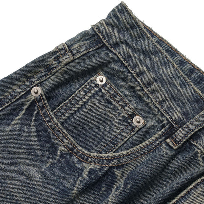 Washed Distressed Cat Whisker Pattern Loose Wide-Legged Knife-Edge Jeans