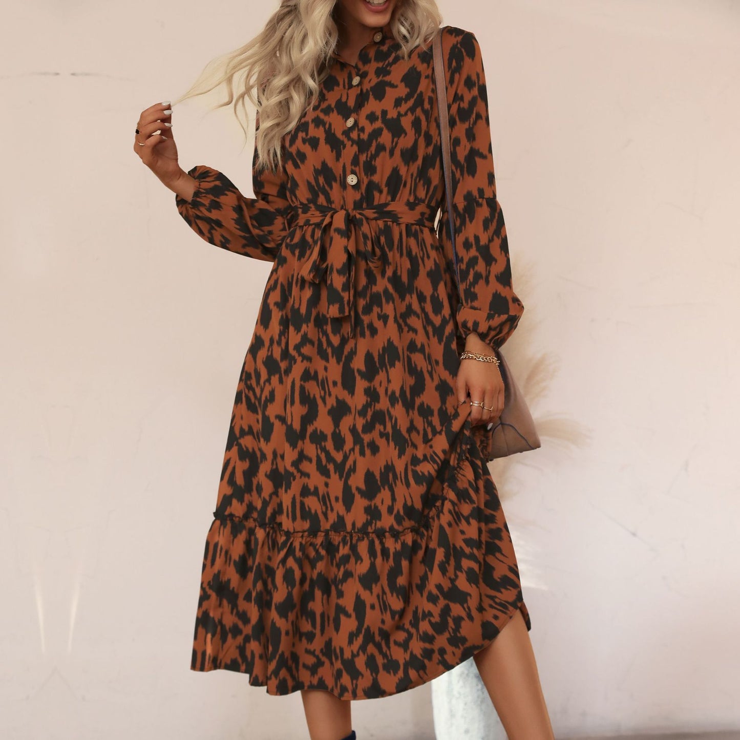 Mid length long sleeved half high neck leopard print dress