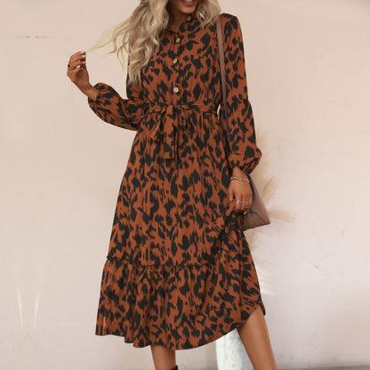 Mid length long sleeved half high neck leopard print dress
