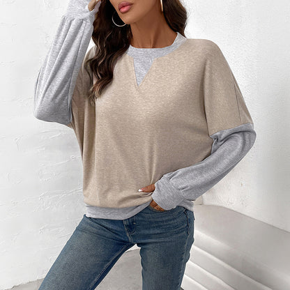 Simple and loose round neck fake two-piece color blocked hoodie for women