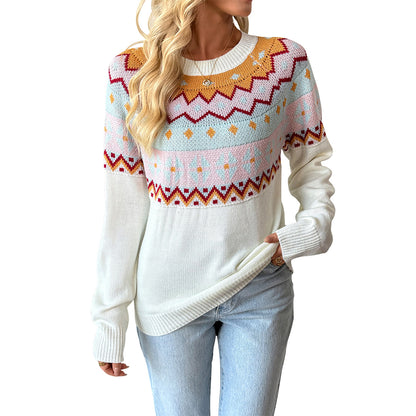 Casual ethnic style knitted sweater loose round neck Fer Island sweater for women