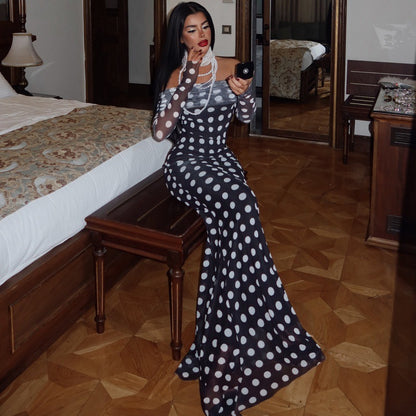 One shoulder long sleeved mesh slim fit polka dot long sleeved dress