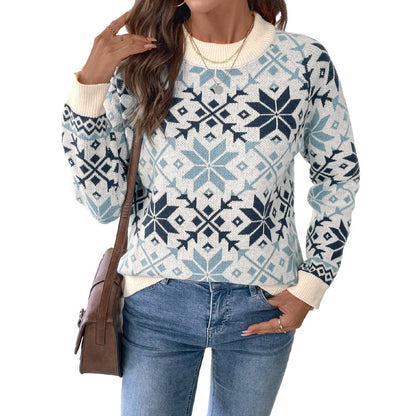 Long sleeved round neck snowflake geometric pattern sweater