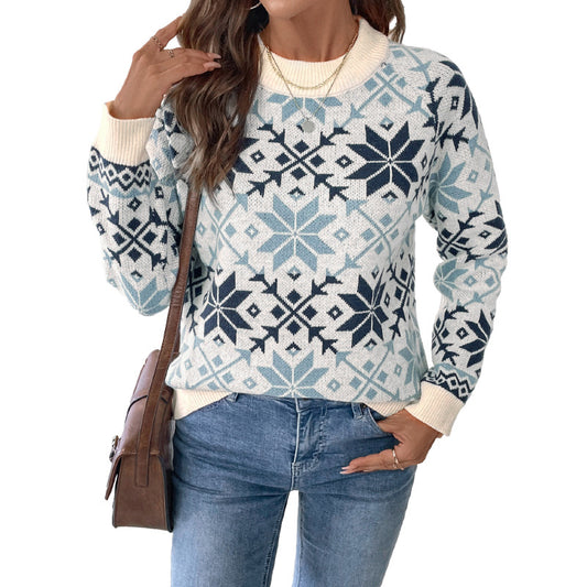 Long sleeved round neck snowflake geometric pattern sweater
