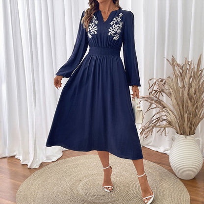 Ethnic style waist cinching V-neck blue embroidered dress for women