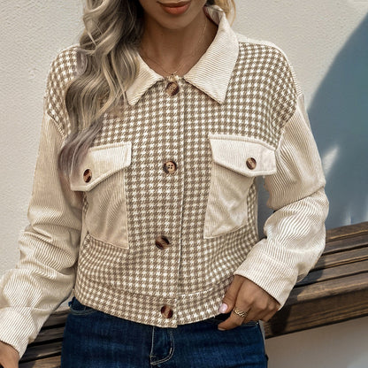 Flip collar short corduroy patchwork  women's jacket