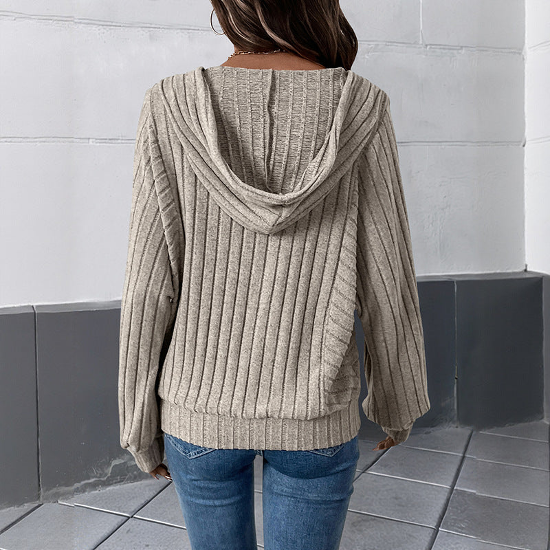 Casual and lazy style pit stripe hooded solid color knitted sweater top