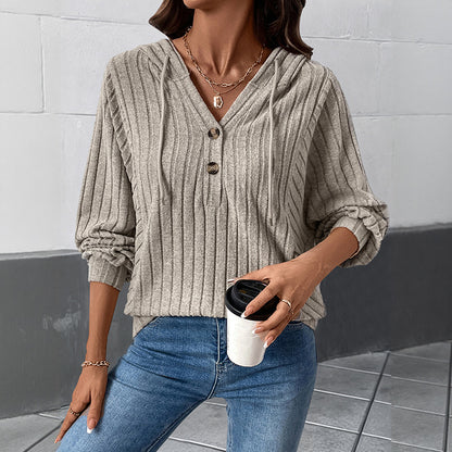 Casual and lazy style pit stripe hooded solid color knitted sweater top