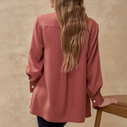 Women's collar long sleeved solid color shirt