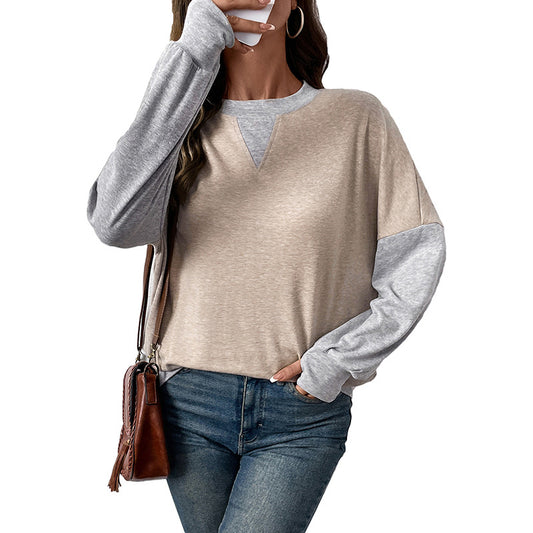 Simple and loose round neck fake two-piece color blocked hoodie for women