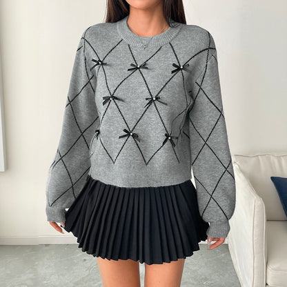 Round neck bow decoration diamond patterned sweater for women