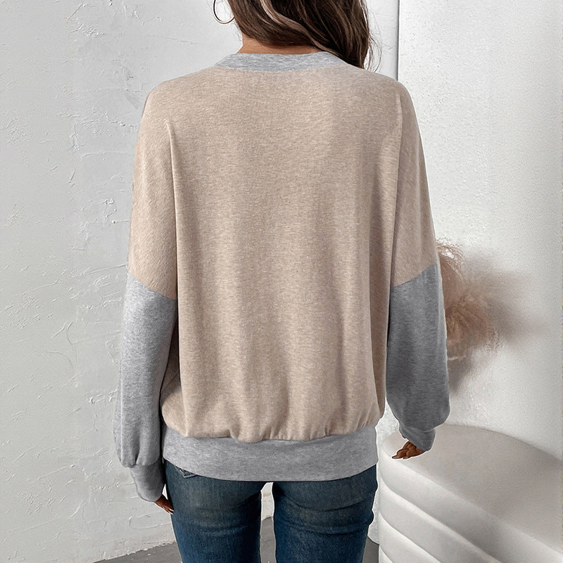 Simple and loose round neck fake two-piece color blocked hoodie for women