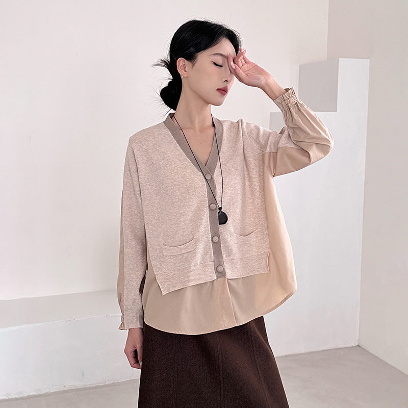 Chic Knit Cardigan for Women, Loose Fit, Color-blocked Patchwork False Two-piece Design Casual Top