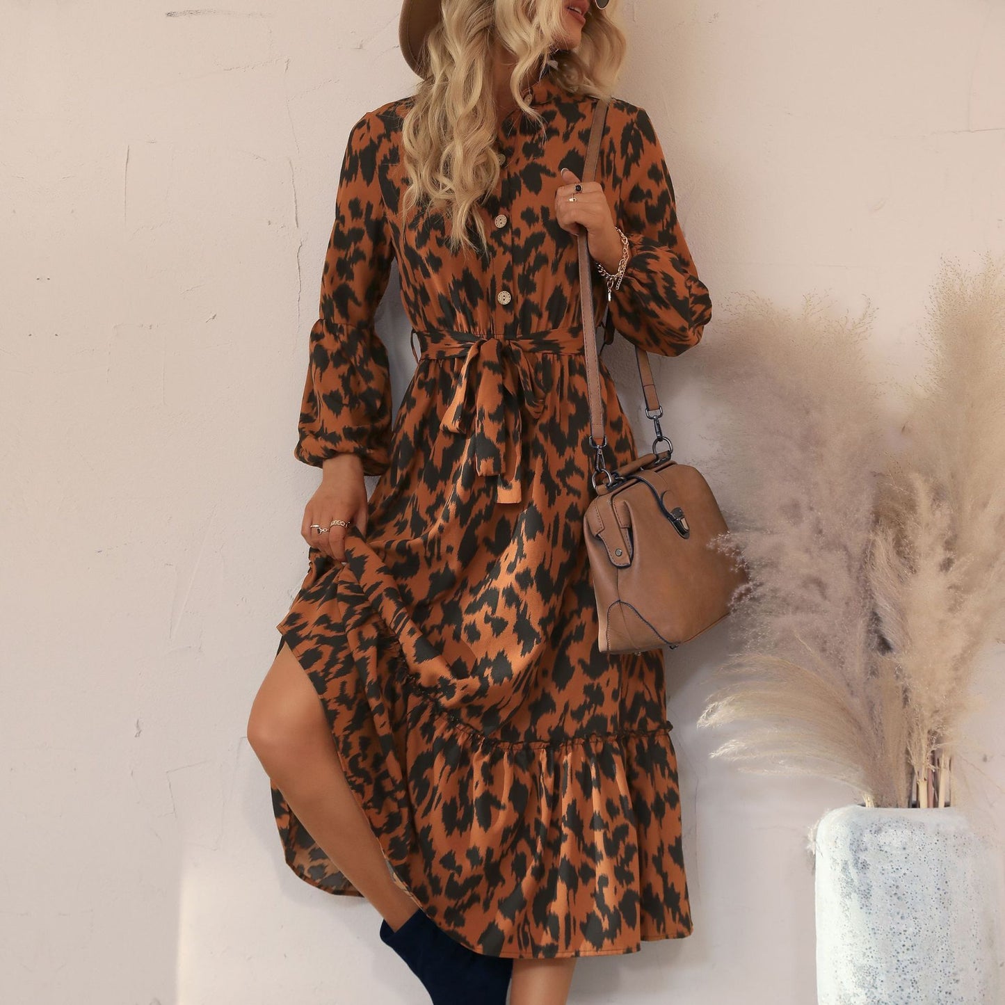 Mid length long sleeved half high neck leopard print dress