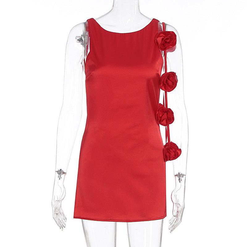 Pure desire three-dimensional flower decoration sleeveless hip hugging skirt