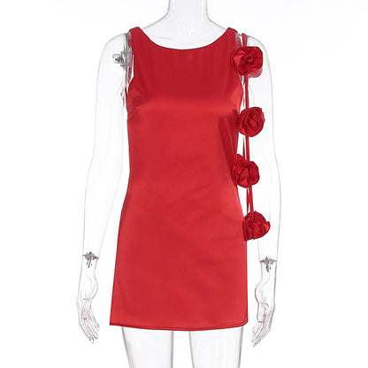 Pure desire three-dimensional flower decoration sleeveless hip hugging skirt