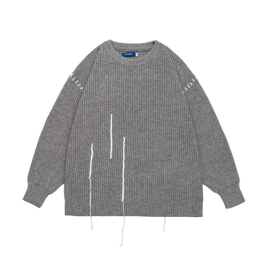Tie-Detail Patchwork Design Unisex Loose Casual Knitwear