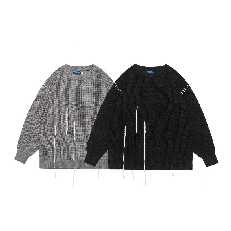 Tie-Detail Patchwork Design Unisex Loose Casual Knitwear