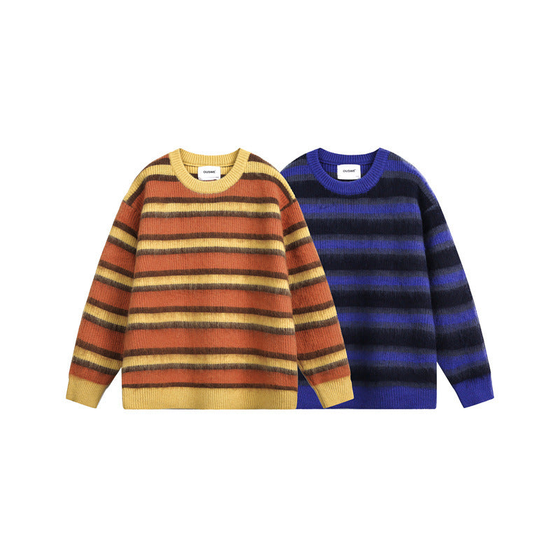 Casual Color-Blocking Stripe Crewneck Knitwear